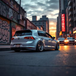 A lowered Golf car inspired by the style of Grand Theft Auto, featuring oversized, aggressive wheels