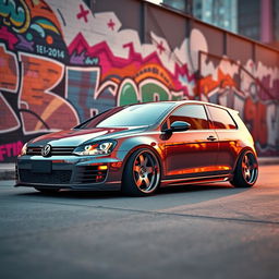 A lowered Golf car influenced by the Grand Theft Auto aesthetic, featuring bold oversized wheels that give it an aggressive look