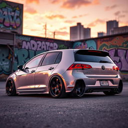 A lowered Golf car influenced by the Grand Theft Auto aesthetic, featuring bold oversized wheels that give it an aggressive look