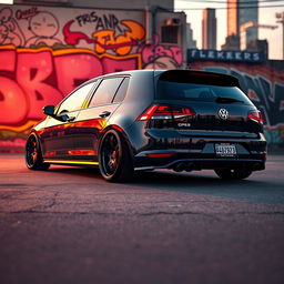 A lowered Golf car influenced by the Grand Theft Auto aesthetic, featuring bold oversized wheels that give it an aggressive look