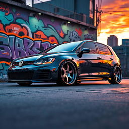A lowered Golf car influenced by the Grand Theft Auto aesthetic, featuring bold oversized wheels that give it an aggressive look