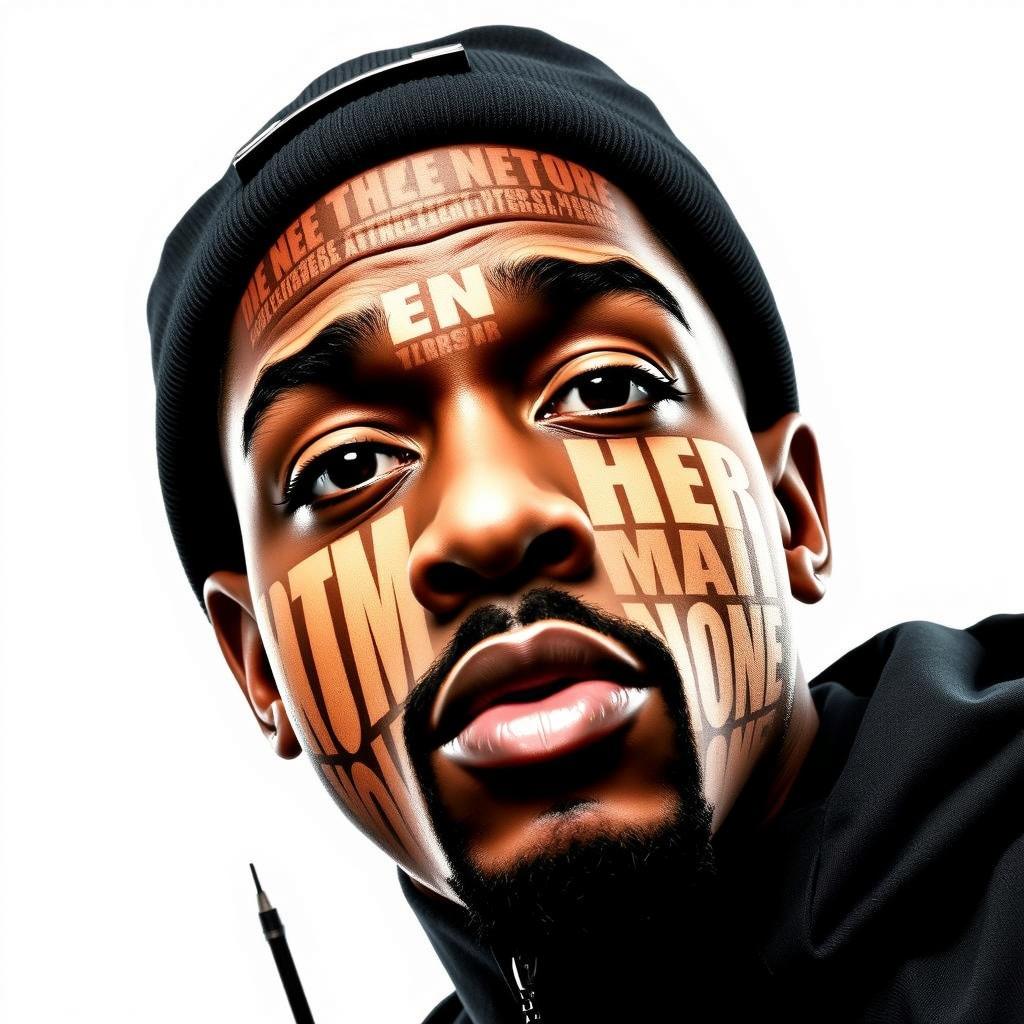 A close-up portrait of a rapper with striking features, showcasing intricate text designs on his face