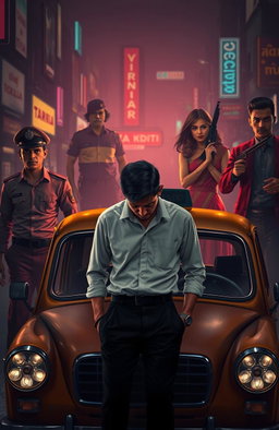 A captivating Neo Noir scene set in an Indian urban landscape, showcasing a bustling city with deep shadows and vibrant neon lights