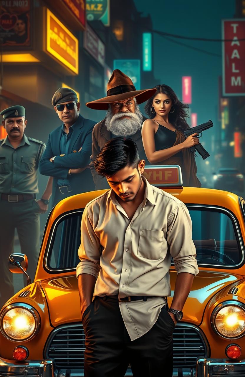A captivating Neo Noir scene set in an Indian urban landscape, showcasing a bustling city with deep shadows and vibrant neon lights