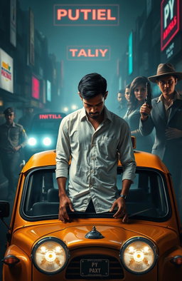 A captivating Neo Noir scene set in an Indian urban landscape, showcasing a bustling city with deep shadows and vibrant neon lights