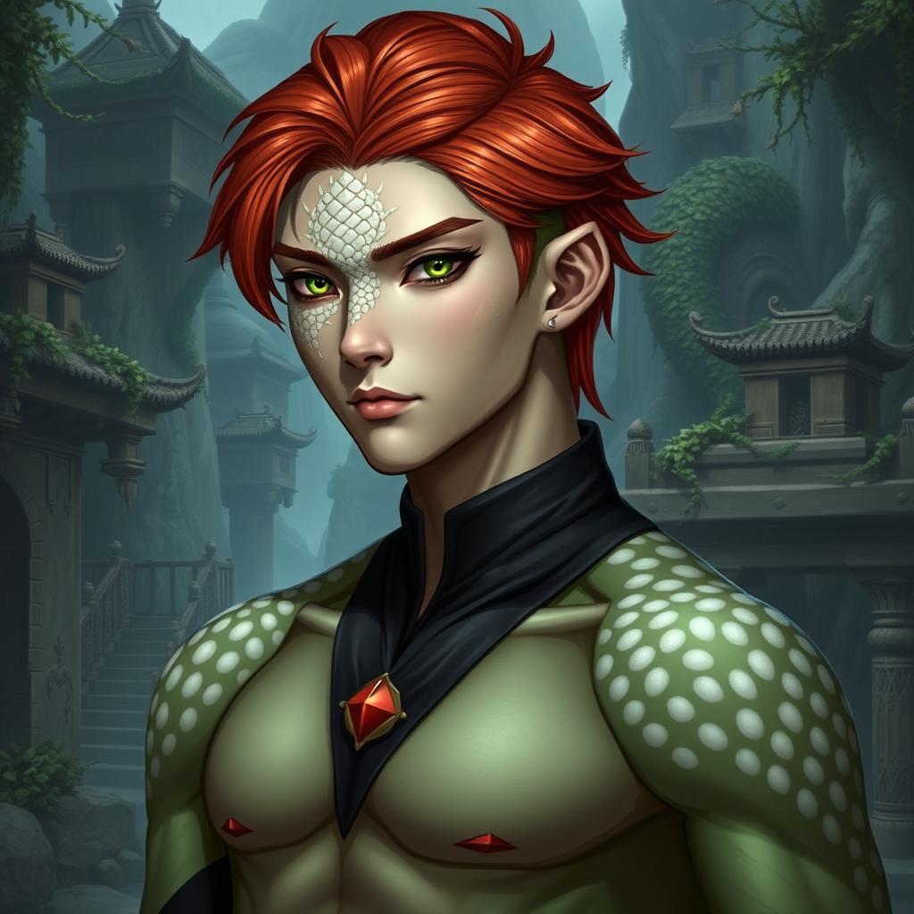 A male Yuan-Ti Pureblood in an RPG style, characterized by short copper red hair that highlights his striking features
