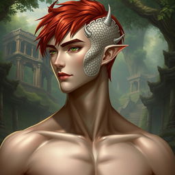A male Yuan-Ti Pureblood in an RPG style, characterized by short copper red hair that highlights his striking features