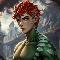 A male Yuan-Ti Pureblood in an RPG style, characterized by short copper red hair that highlights his striking features