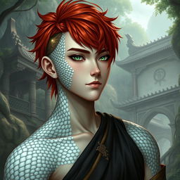 A male Yuan-Ti Pureblood in an RPG style, characterized by short copper red hair that highlights his striking features
