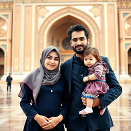 A beautiful and natural scene featuring an adult Iranian Muslim brother and sister standing together in front of the Imam Reza shrine