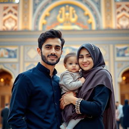 A beautiful and natural scene featuring an adult Iranian Muslim brother and sister standing together in front of the Imam Reza shrine