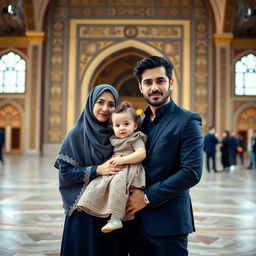 A beautiful and natural scene featuring an adult Iranian Muslim brother and sister standing together in front of the Imam Reza shrine