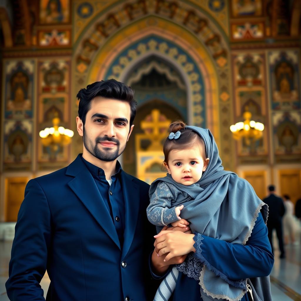 A beautiful and natural scene featuring an adult Iranian Muslim brother and sister standing together in front of the Imam Reza shrine