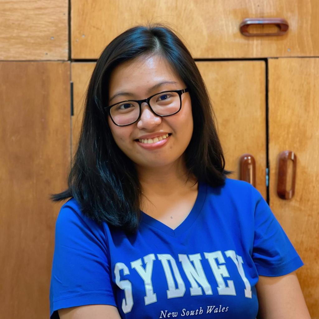 A stylish bob haircut with face-framing layers, capturing a cheerful and vibrant young woman wearing a blue t-shirt