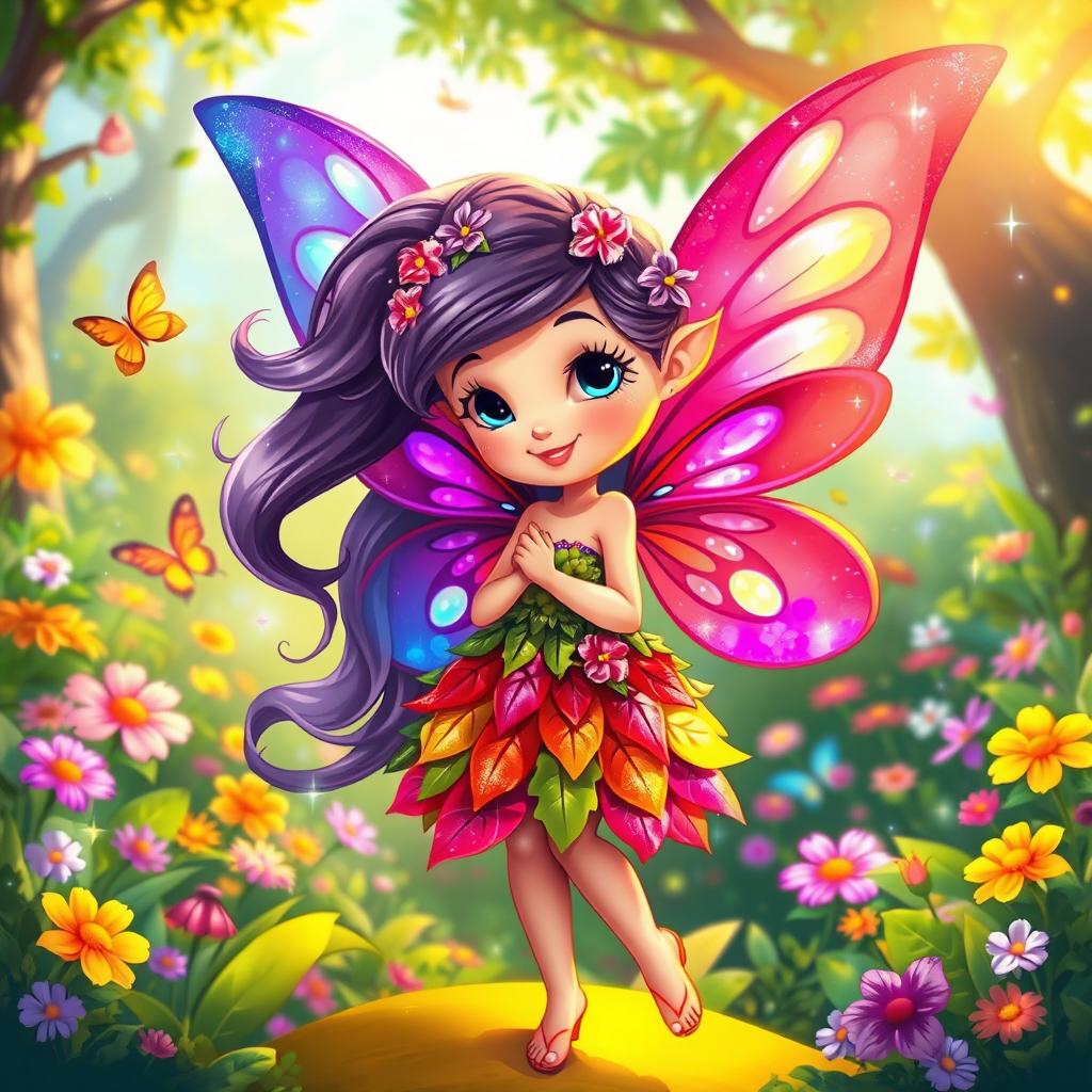 A whimsical fairy cartoon character, with vibrant, colorful wings sparkling in the sunlight