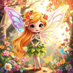A whimsical fairy cartoon character, with vibrant, colorful wings sparkling in the sunlight