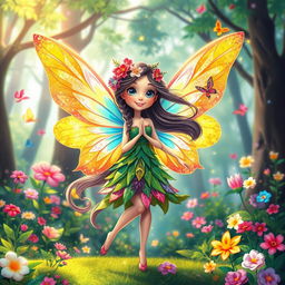 A whimsical fairy cartoon character, with vibrant, colorful wings sparkling in the sunlight