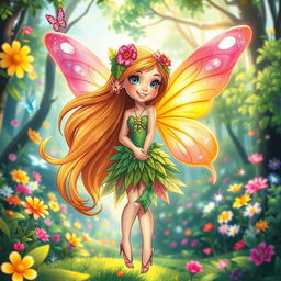 A whimsical fairy cartoon character, with vibrant, colorful wings sparkling in the sunlight