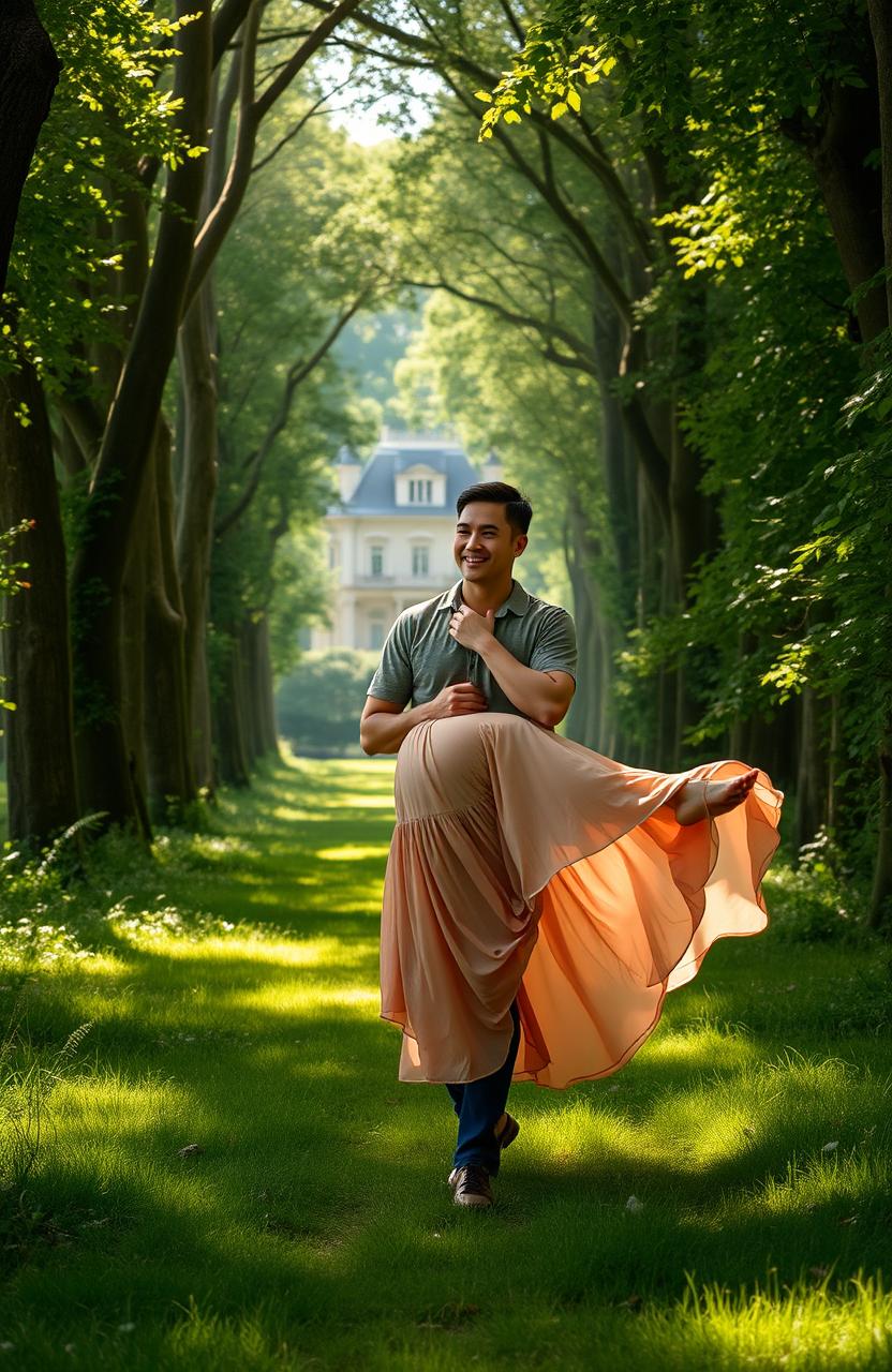 A picturesque scene showcasing a man gently carrying a woman through a lush green forest pathway, leading to a grand mansion in the distance