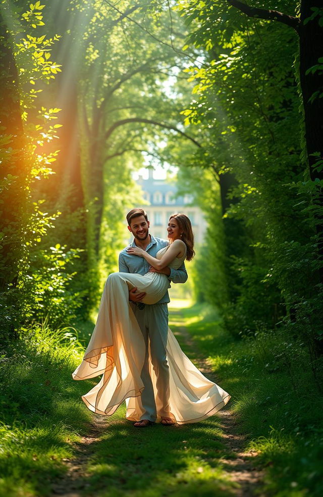 A picturesque scene showcasing a man gently carrying a woman through a lush green forest pathway, leading to a grand mansion in the distance