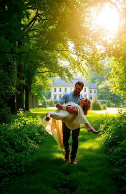 A picturesque scene showcasing a man gently carrying a woman through a lush green forest pathway, leading to a grand mansion in the distance