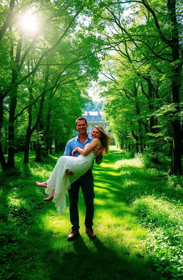 A picturesque scene showcasing a man gently carrying a woman through a lush green forest pathway, leading to a grand mansion in the distance