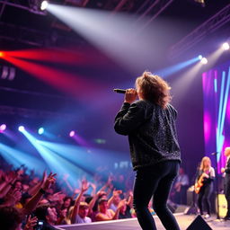 A dynamic scene of a singer performing on stage, spotlight shining down on them, energetic pose, microphone in hand, vibrant crowd in the background cheering and waving hands, colorful stage lights illuminating the atmosphere, stylish outfit with sparkles reflecting the light, various musical instruments like guitars and drums visible, capturing the excitement and energy of a live concert performance
