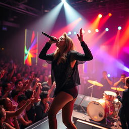 A dynamic scene of a singer performing on stage, spotlight shining down on them, energetic pose, microphone in hand, vibrant crowd in the background cheering and waving hands, colorful stage lights illuminating the atmosphere, stylish outfit with sparkles reflecting the light, various musical instruments like guitars and drums visible, capturing the excitement and energy of a live concert performance