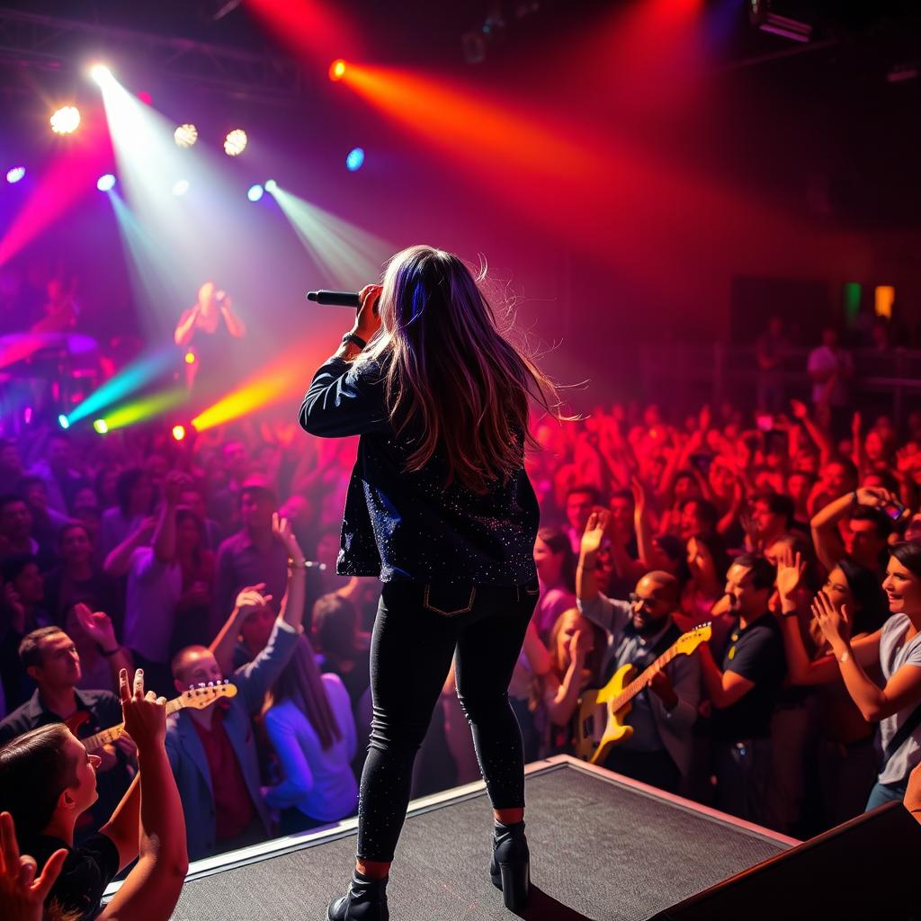 A dynamic scene of a singer performing on stage, spotlight shining down on them, energetic pose, microphone in hand, vibrant crowd in the background cheering and waving hands, colorful stage lights illuminating the atmosphere, stylish outfit with sparkles reflecting the light, various musical instruments like guitars and drums visible, capturing the excitement and energy of a live concert performance