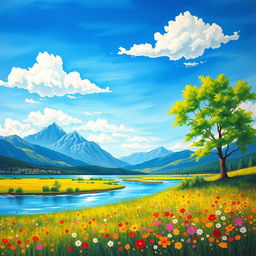 A serene landscape featuring a vibrant, sunlit meadow filled with colorful wildflowers in the foreground