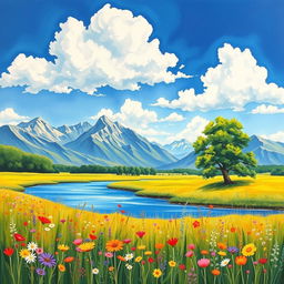 A serene landscape featuring a vibrant, sunlit meadow filled with colorful wildflowers in the foreground