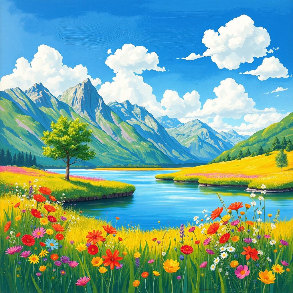 A serene landscape featuring a vibrant, sunlit meadow filled with colorful wildflowers in the foreground