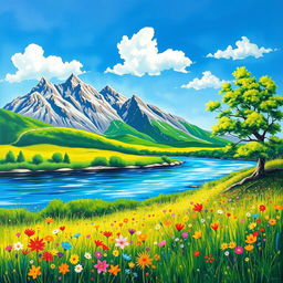 A serene landscape featuring a vibrant, sunlit meadow filled with colorful wildflowers in the foreground