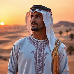 A breathtaking portrait of an Arab man dressed in a traditional thobe, featuring intricate embroidery, standing against a stunning desert landscape at sunset