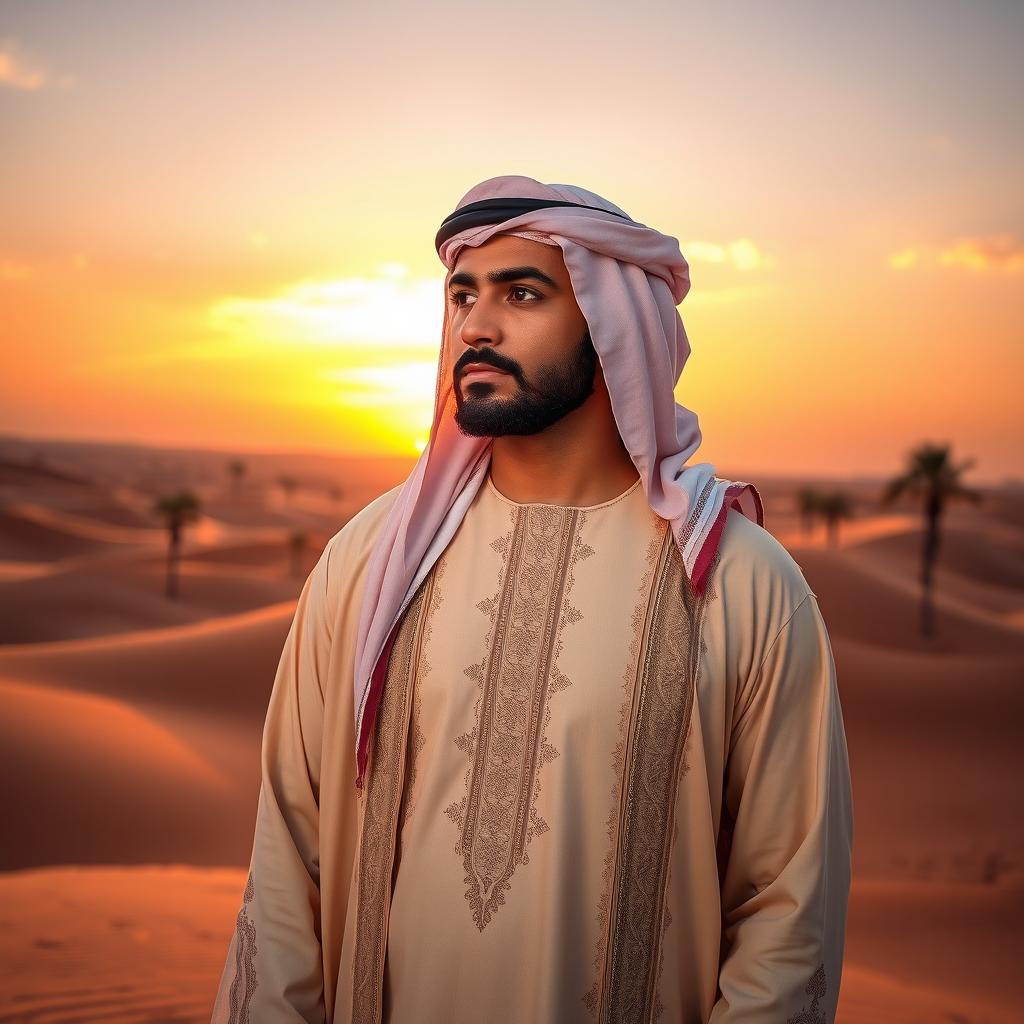 A breathtaking portrait of an Arab man dressed in a traditional thobe, featuring intricate embroidery, standing against a stunning desert landscape at sunset