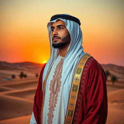 A breathtaking portrait of an Arab man dressed in a traditional thobe, featuring intricate embroidery, standing against a stunning desert landscape at sunset