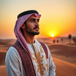 A breathtaking portrait of an Arab man dressed in a traditional thobe, featuring intricate embroidery, standing against a stunning desert landscape at sunset