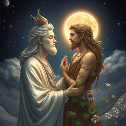 A beautifully depicted scene of a moon god and an earth god in a celestial setting