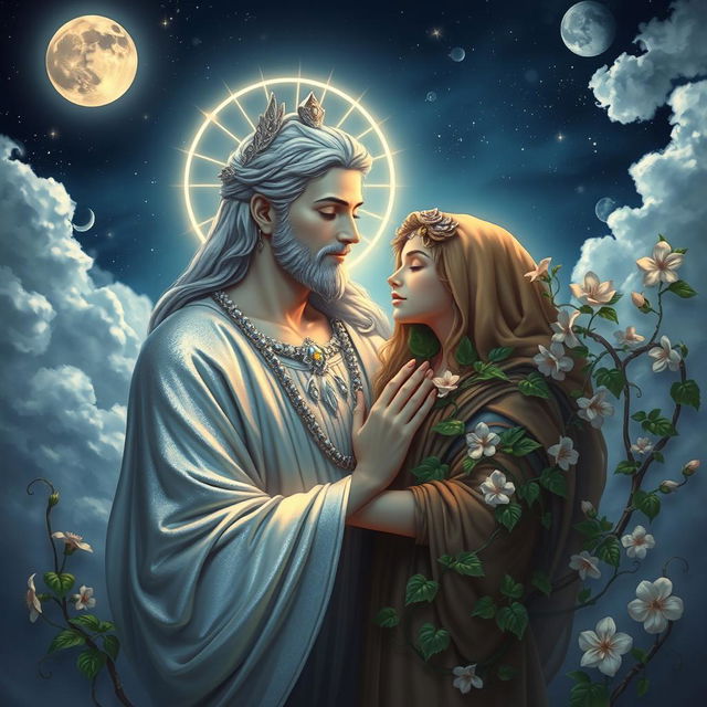 A beautifully depicted scene of a moon god and an earth god in a celestial setting