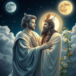 A beautifully depicted scene of a moon god and an earth god in a celestial setting