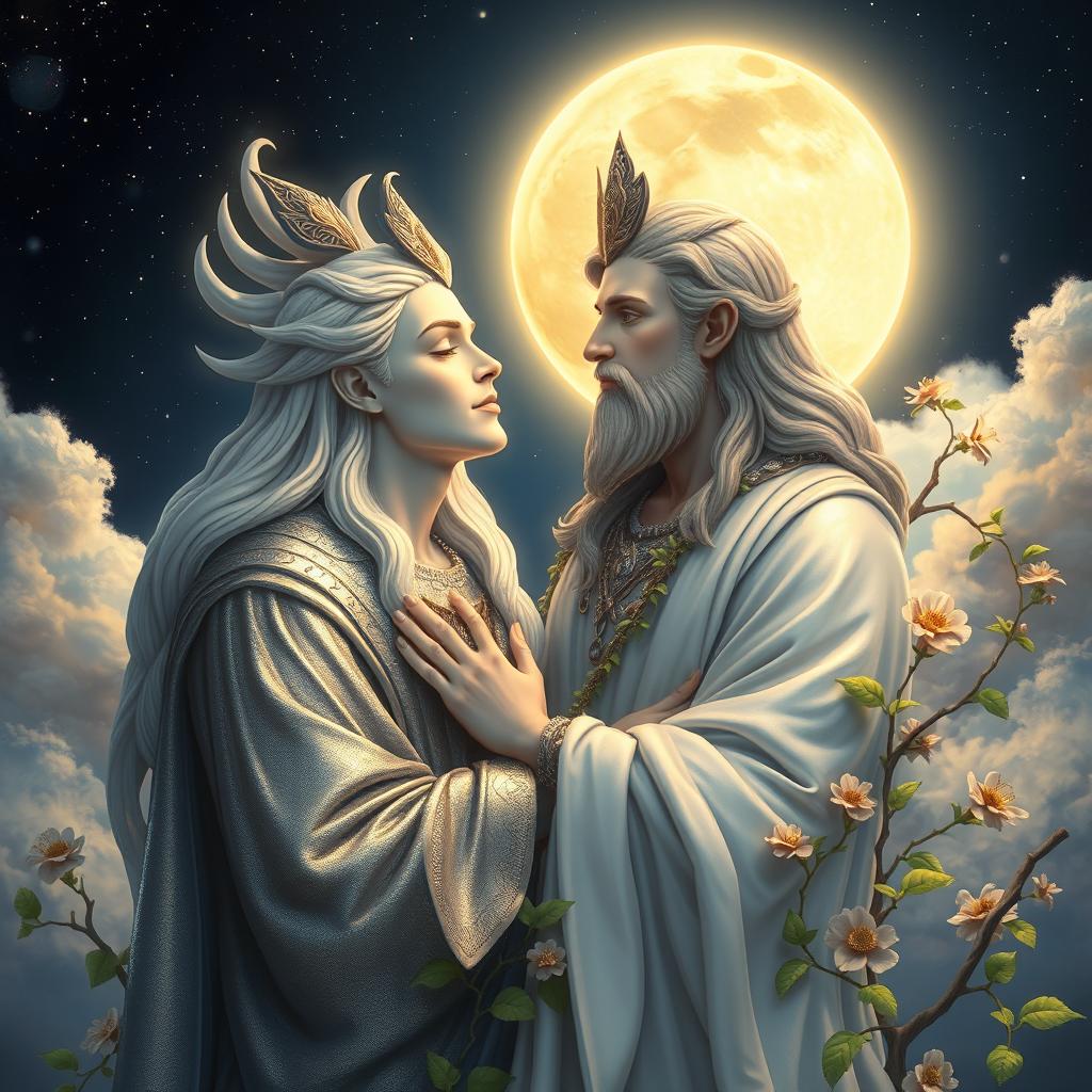 A beautifully depicted scene of a moon god and an earth god in a celestial setting