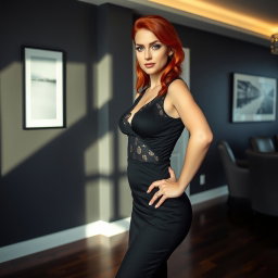 A stylish woman with fiery red hair and striking green eyes, wearing a sophisticated black dress with lace details, posing confidently with one hand on her hip