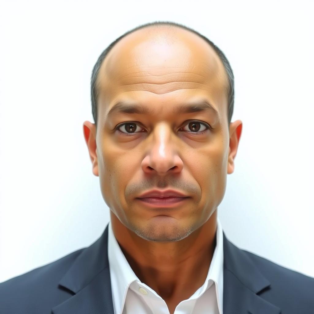A professional passport size photo of a person with neutral expression, stern but approachable demeanor