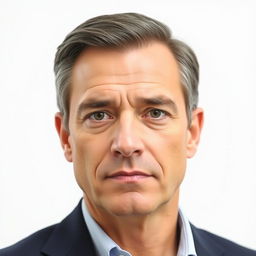 A professional passport size photo of a person with neutral expression, stern but approachable demeanor