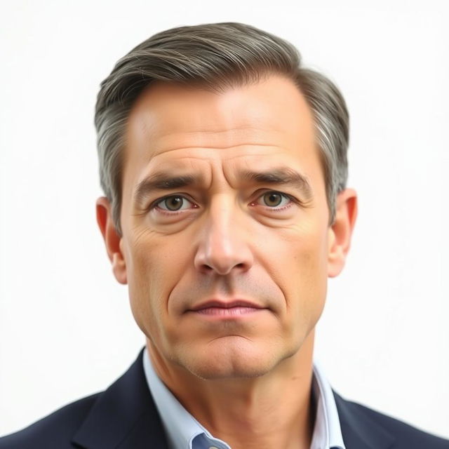 A professional passport size photo of a person with neutral expression, stern but approachable demeanor