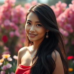 A stunning and vibrant portrait of a beautiful woman with long, flowing black hair, adorned with delicate gold jewelry