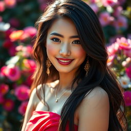 A stunning and vibrant portrait of a beautiful woman with long, flowing black hair, adorned with delicate gold jewelry