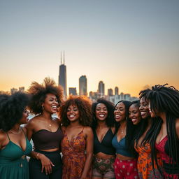 A vibrant group of Afro Latina women representing Colombian, Puerto Rican, Afro Brazilian, Cuban, Dominican, and Jamaican cultures, showcasing a variety of hairstyles including voluminous fros, beautiful curls, and intricate locs
