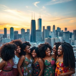 A vibrant group of Afro Latina women representing Colombian, Puerto Rican, Afro Brazilian, Cuban, Dominican, and Jamaican cultures, showcasing a variety of hairstyles including voluminous fros, beautiful curls, and intricate locs