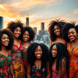 A vibrant group of Afro Latina women representing Colombian, Puerto Rican, Afro Brazilian, Cuban, Dominican, and Jamaican cultures, showcasing a variety of hairstyles including voluminous fros, beautiful curls, and intricate locs